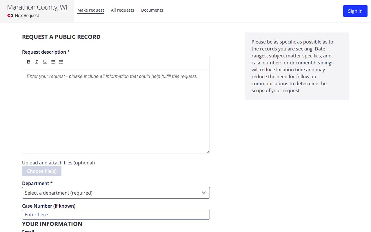 Marathon County booking record request interface